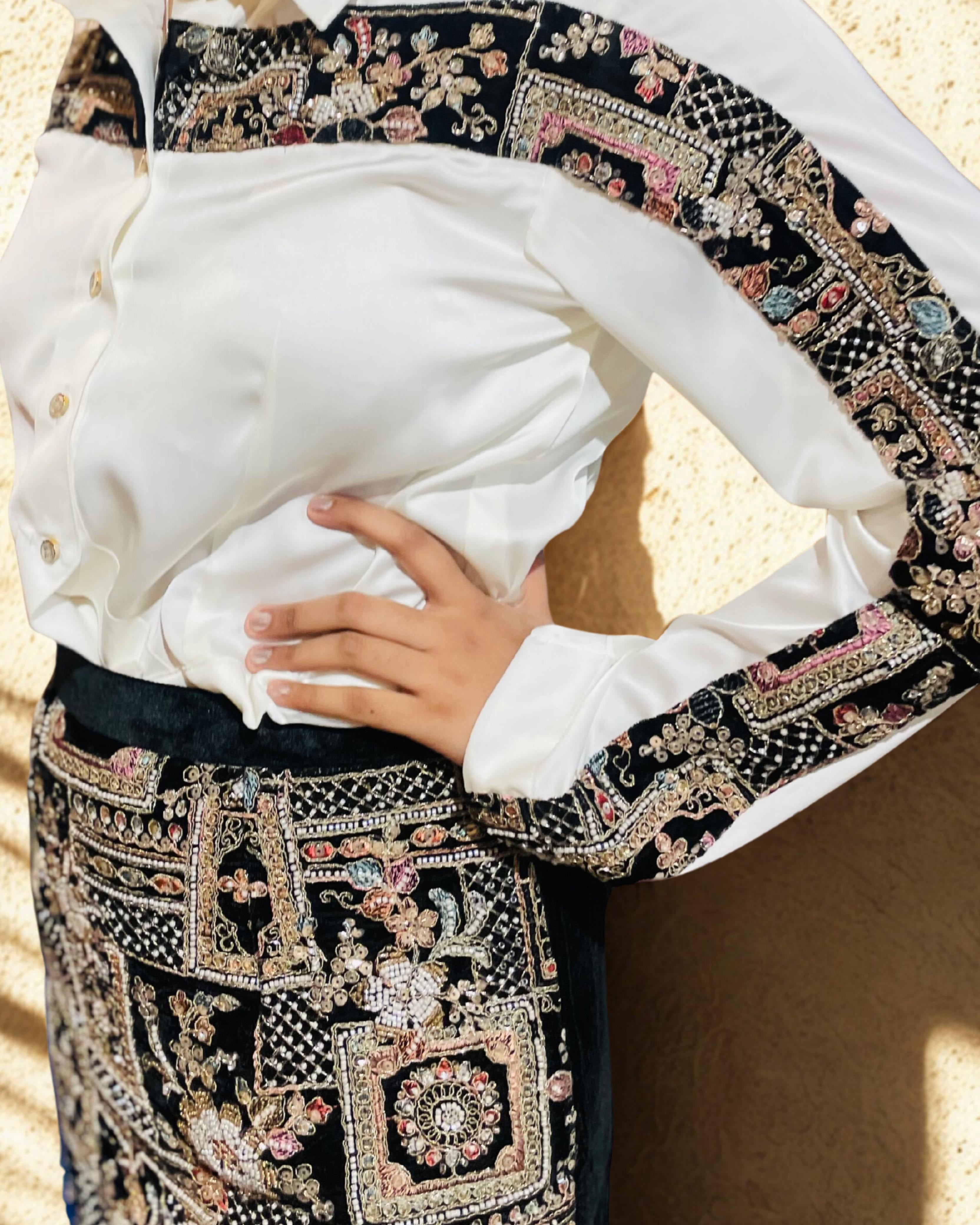 Velvet heavy embroidered skirt with Satin embroidered shirt