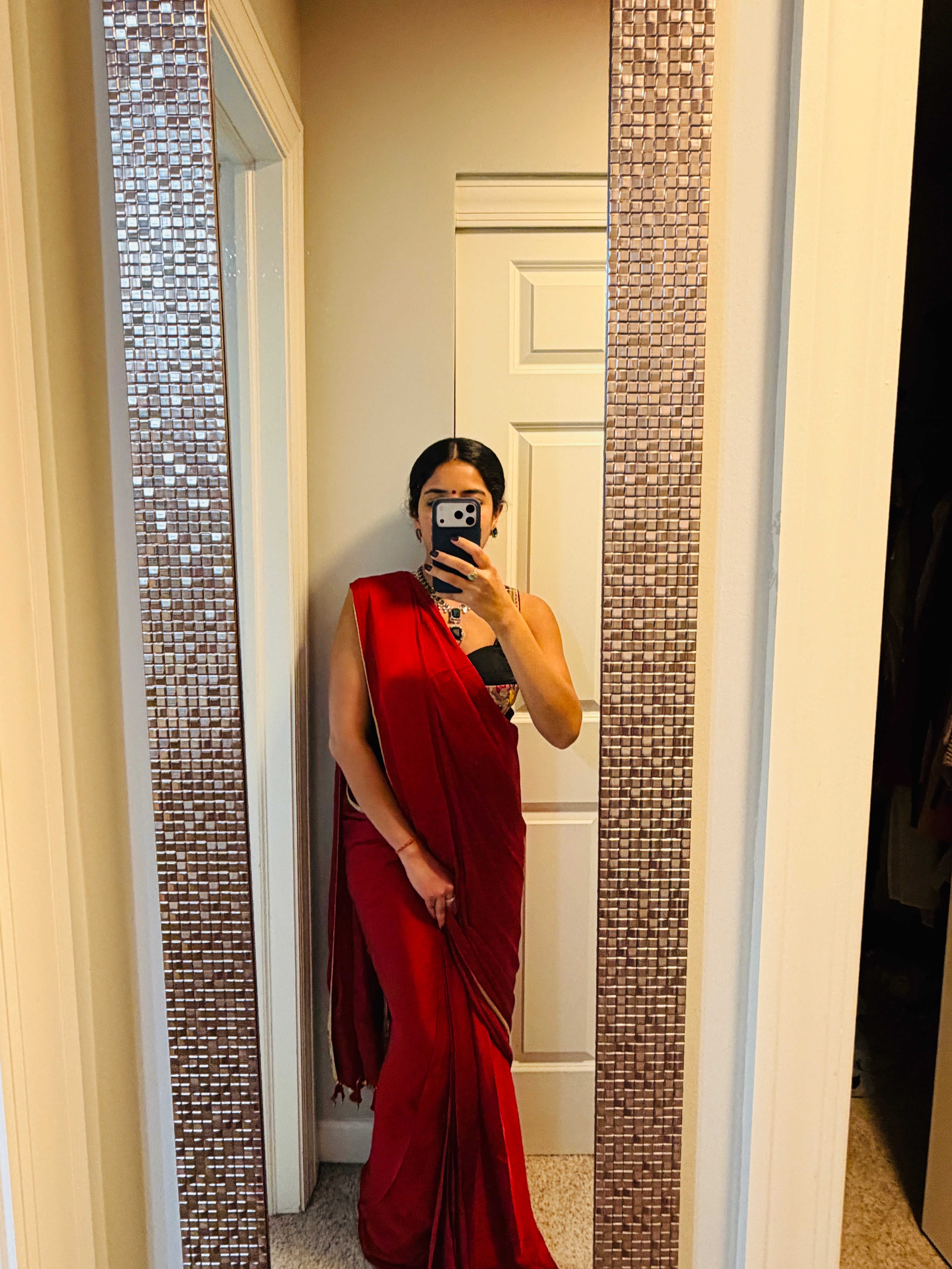 Pre Draped Red Saree with Corset Blouse