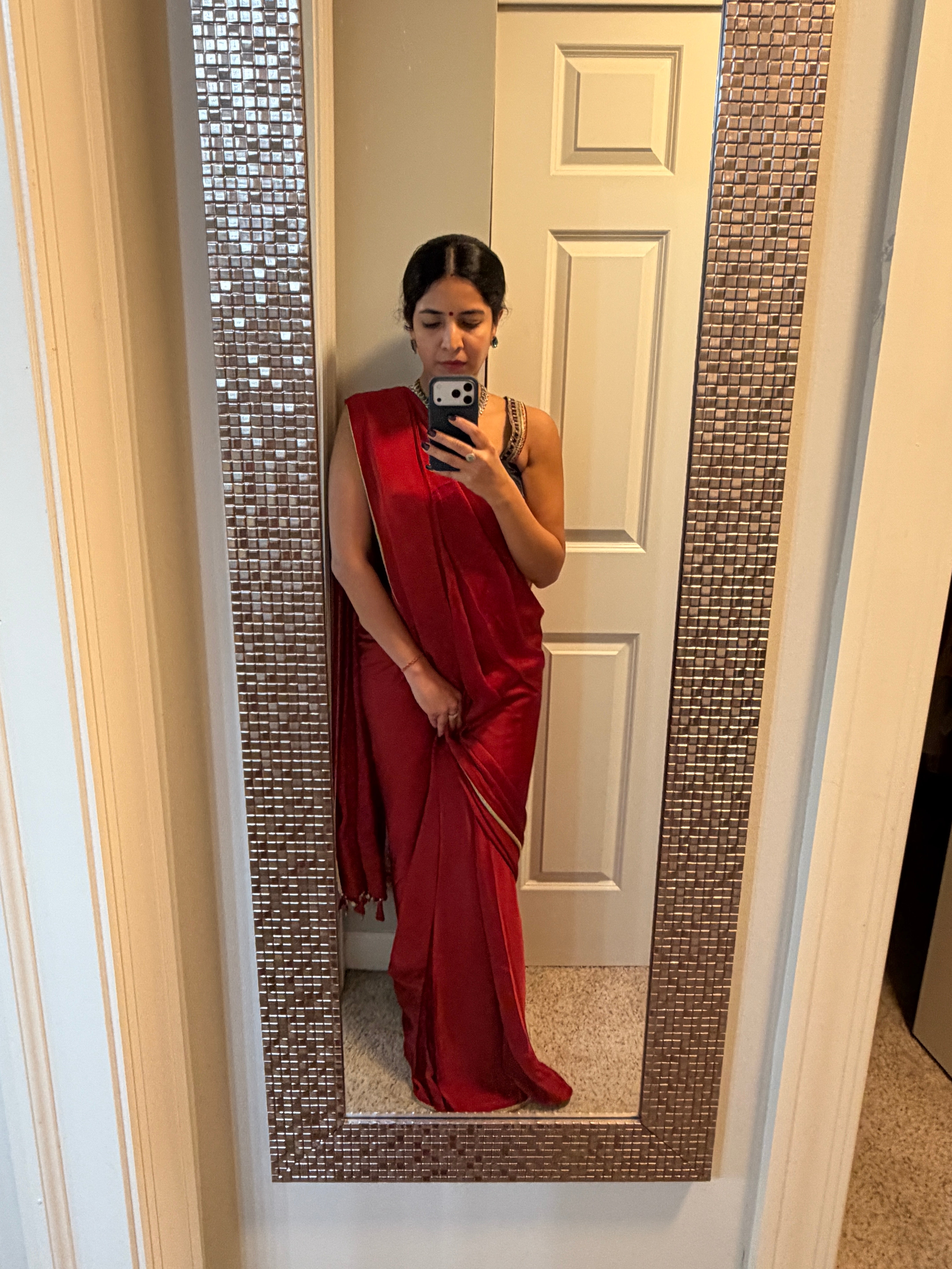 Pre Draped Red Saree with Corset Blouse