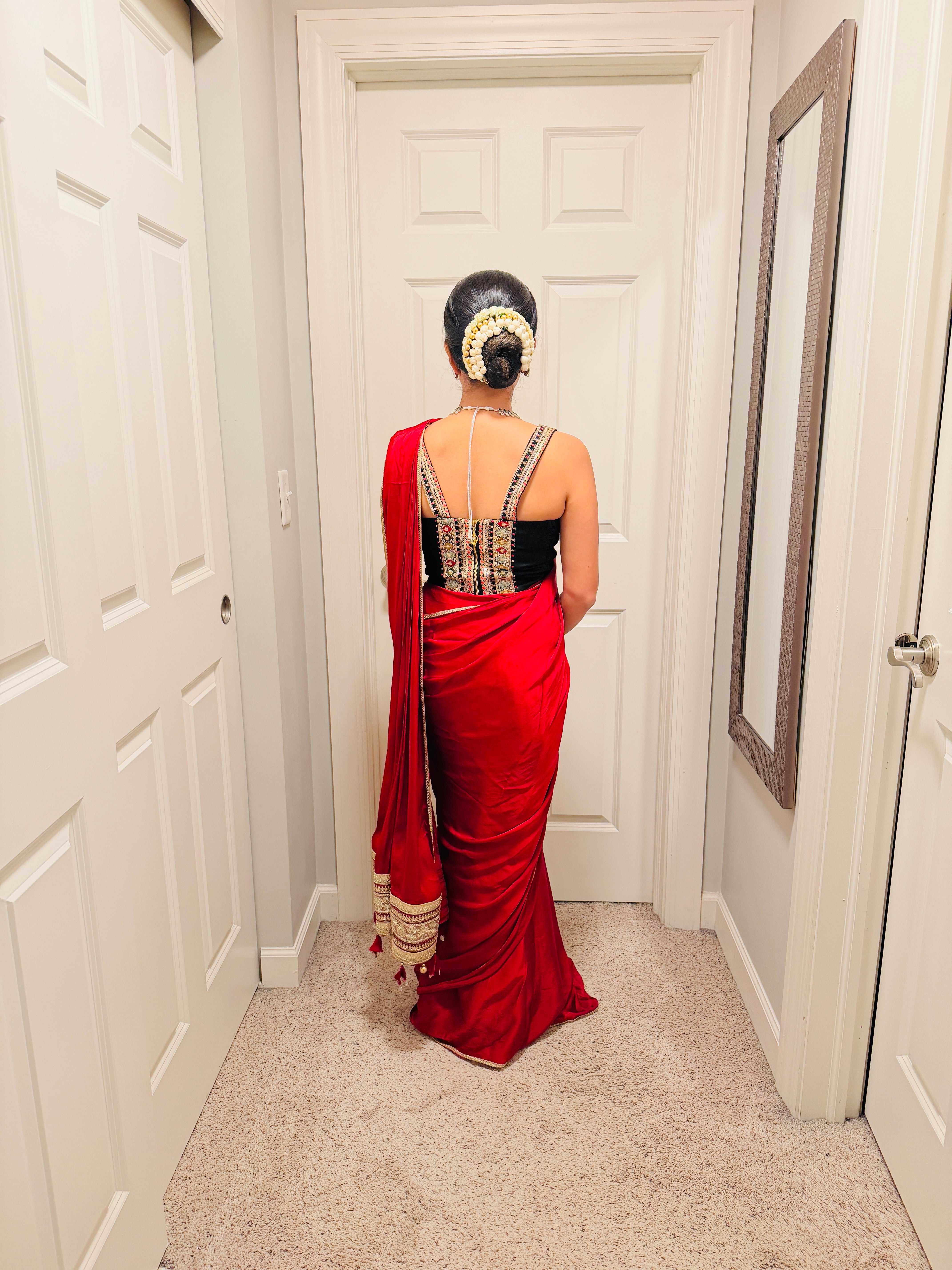 Pre Draped Red Saree with Corset Blouse