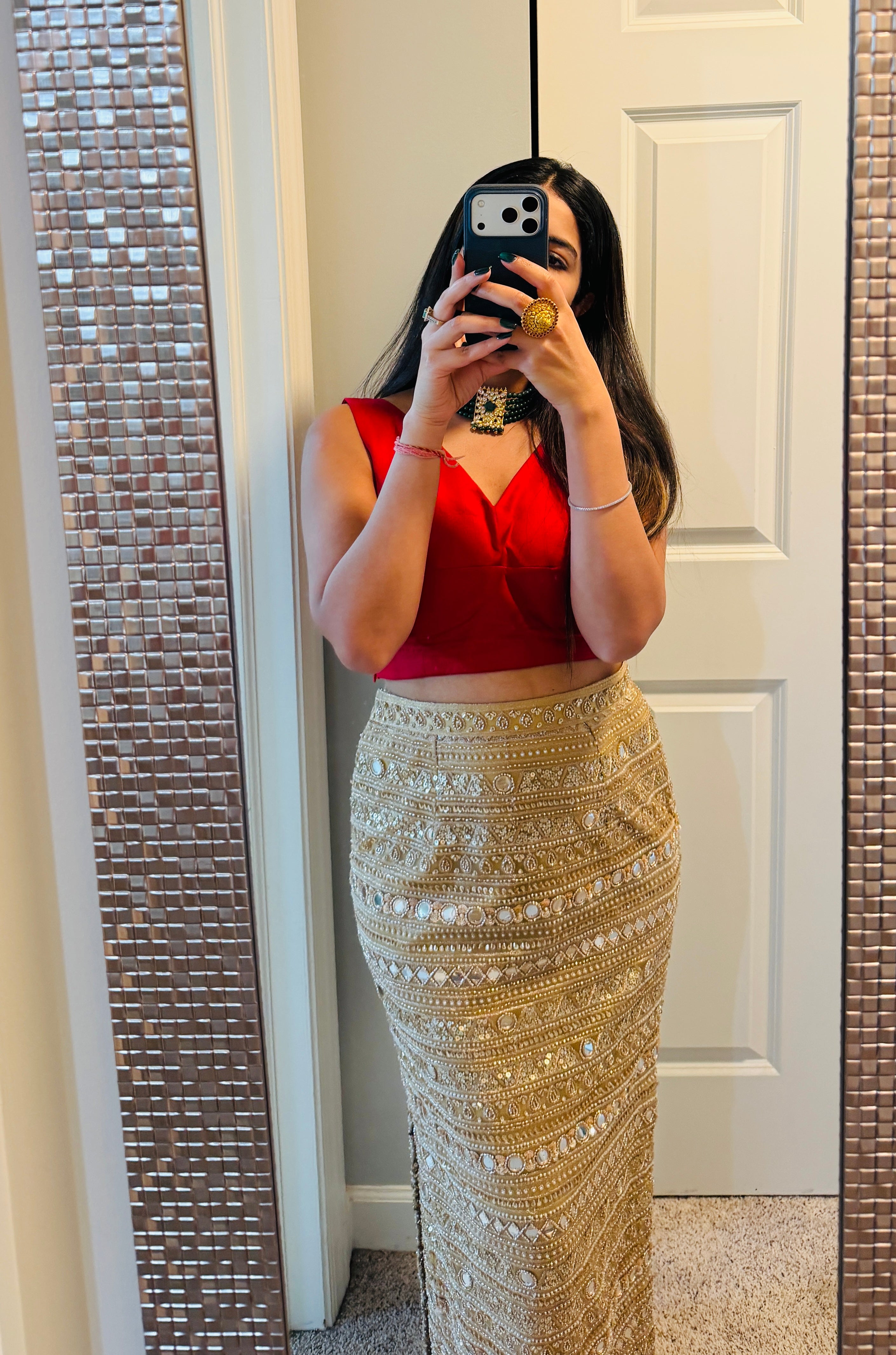 Golden heavy Mirrorwork skirt set