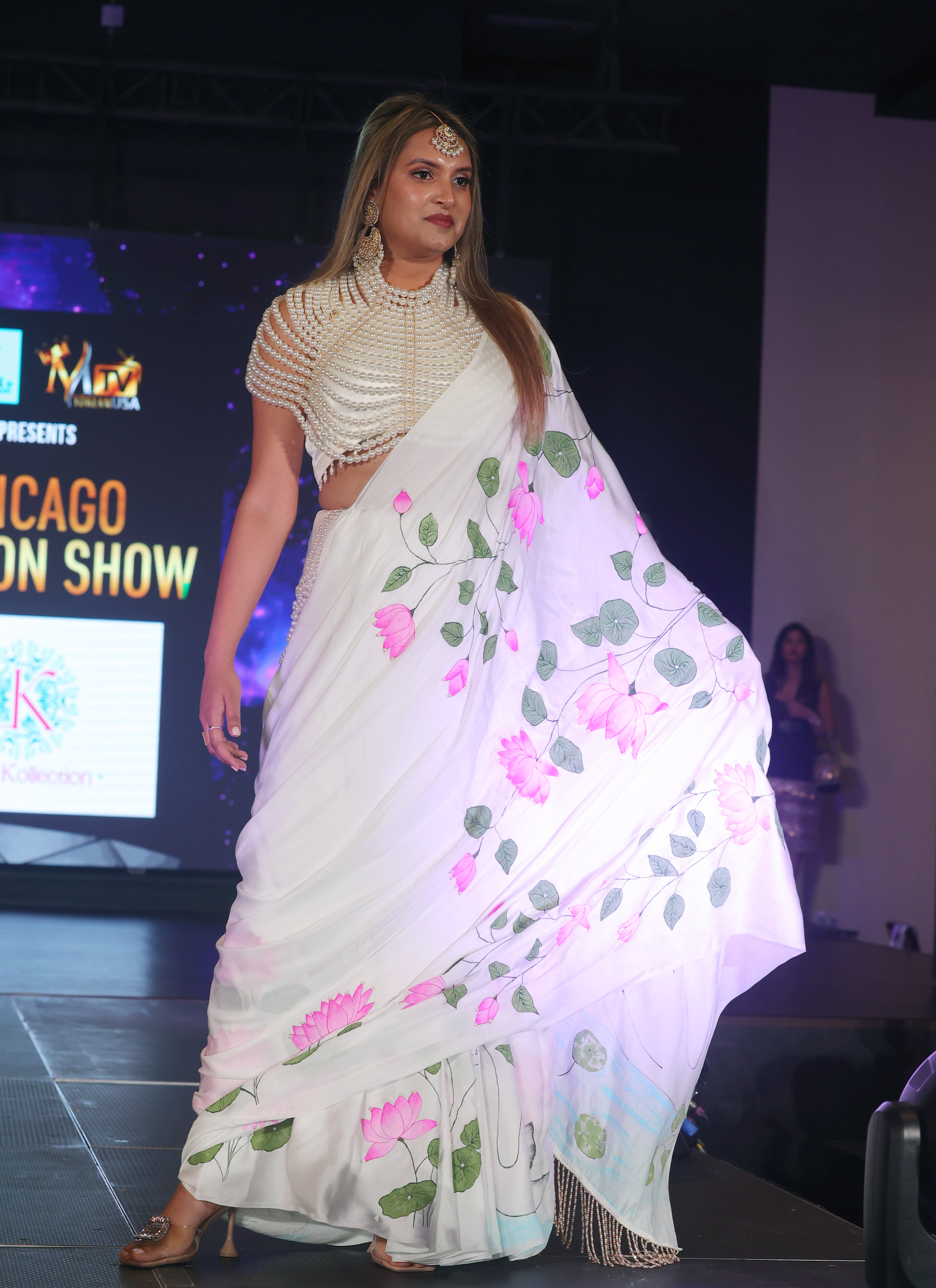 Pearl Blouse Pre Draped Hand painted Saree