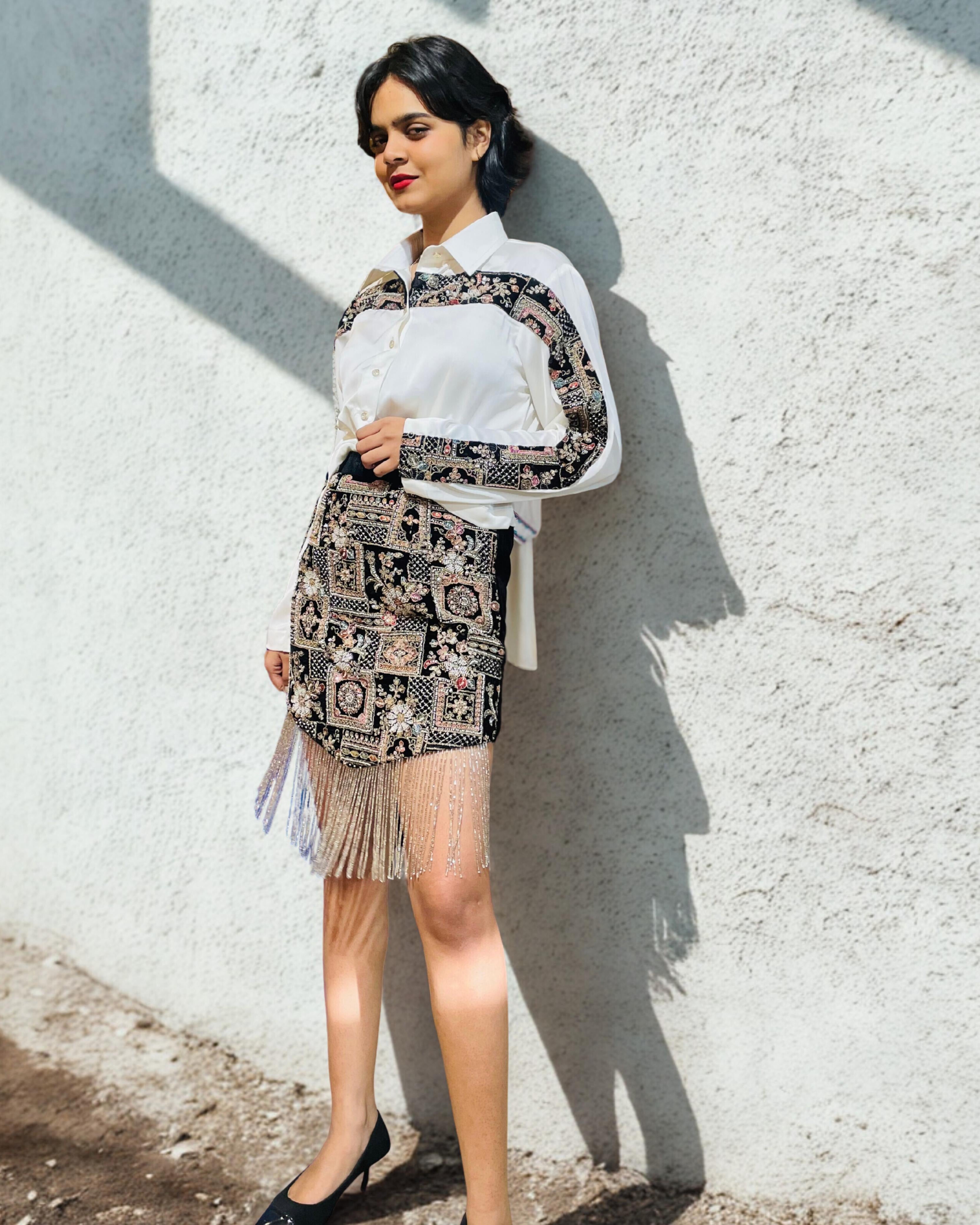 Velvet heavy embroidered skirt with Satin embroidered shirt