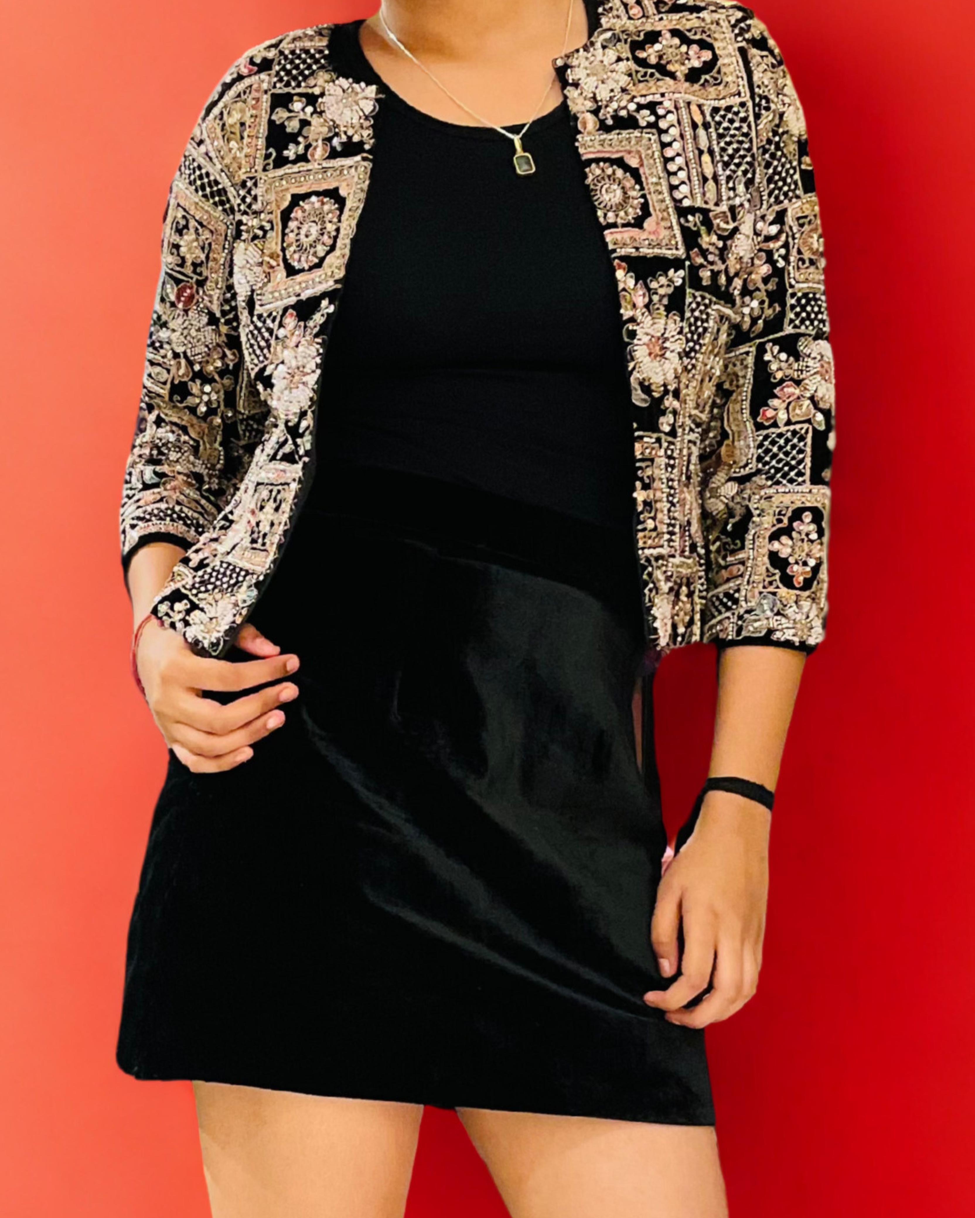Heavy Embroidered Velvet Jacket with Velvet Skirt