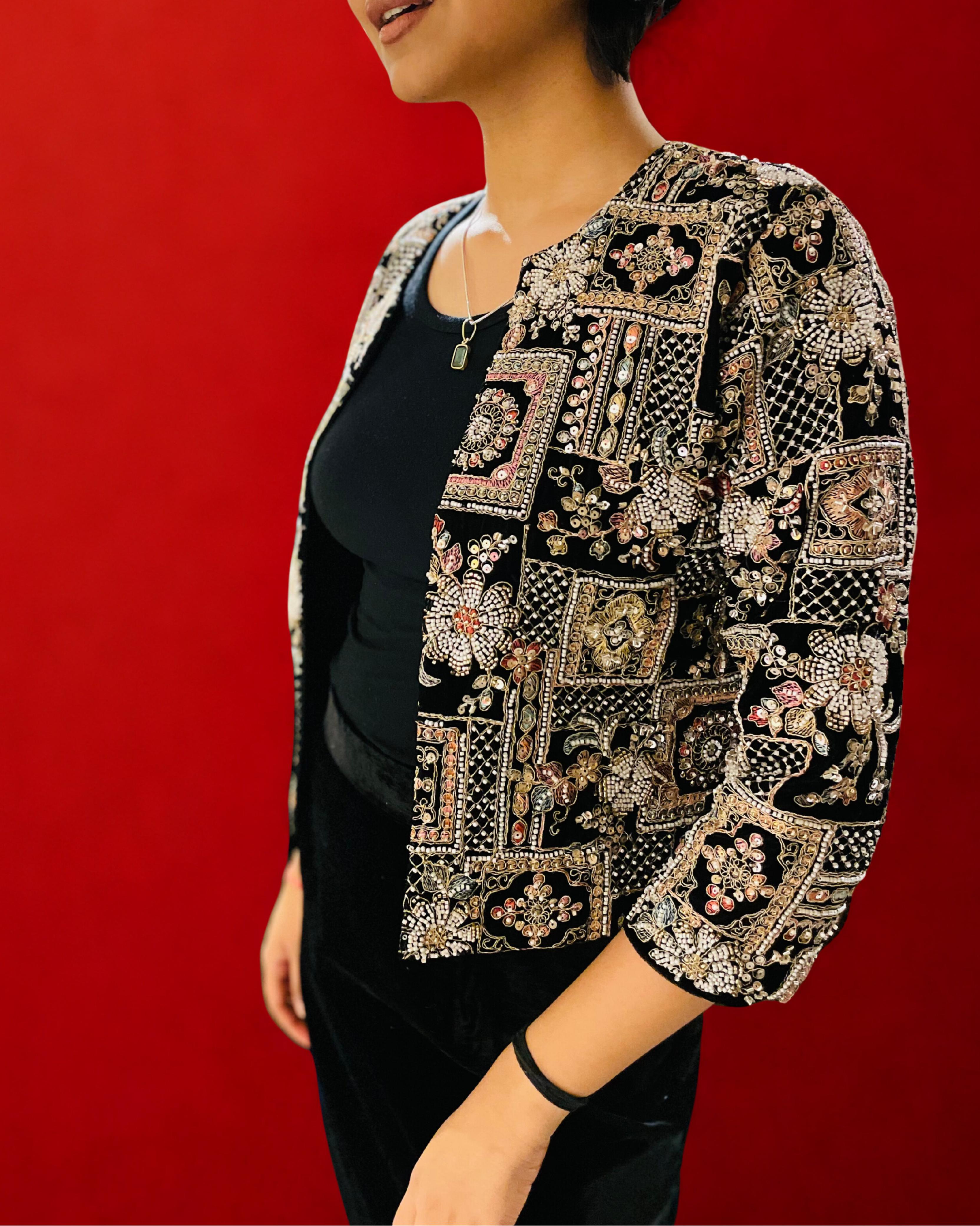 Heavy Embroidered Velvet Jacket with Velvet Skirt