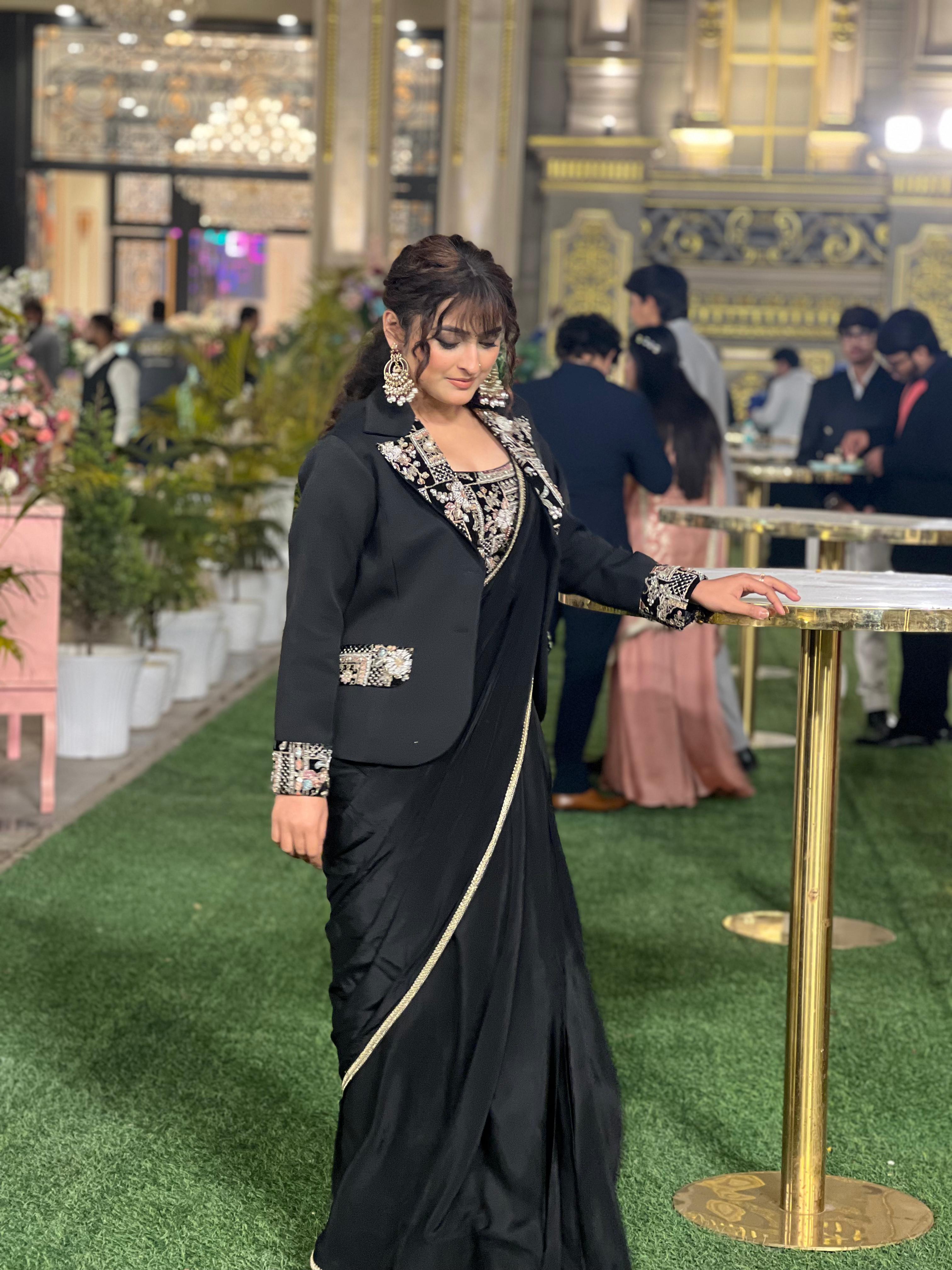 Embroidered blouse , pre draped saree and jacket