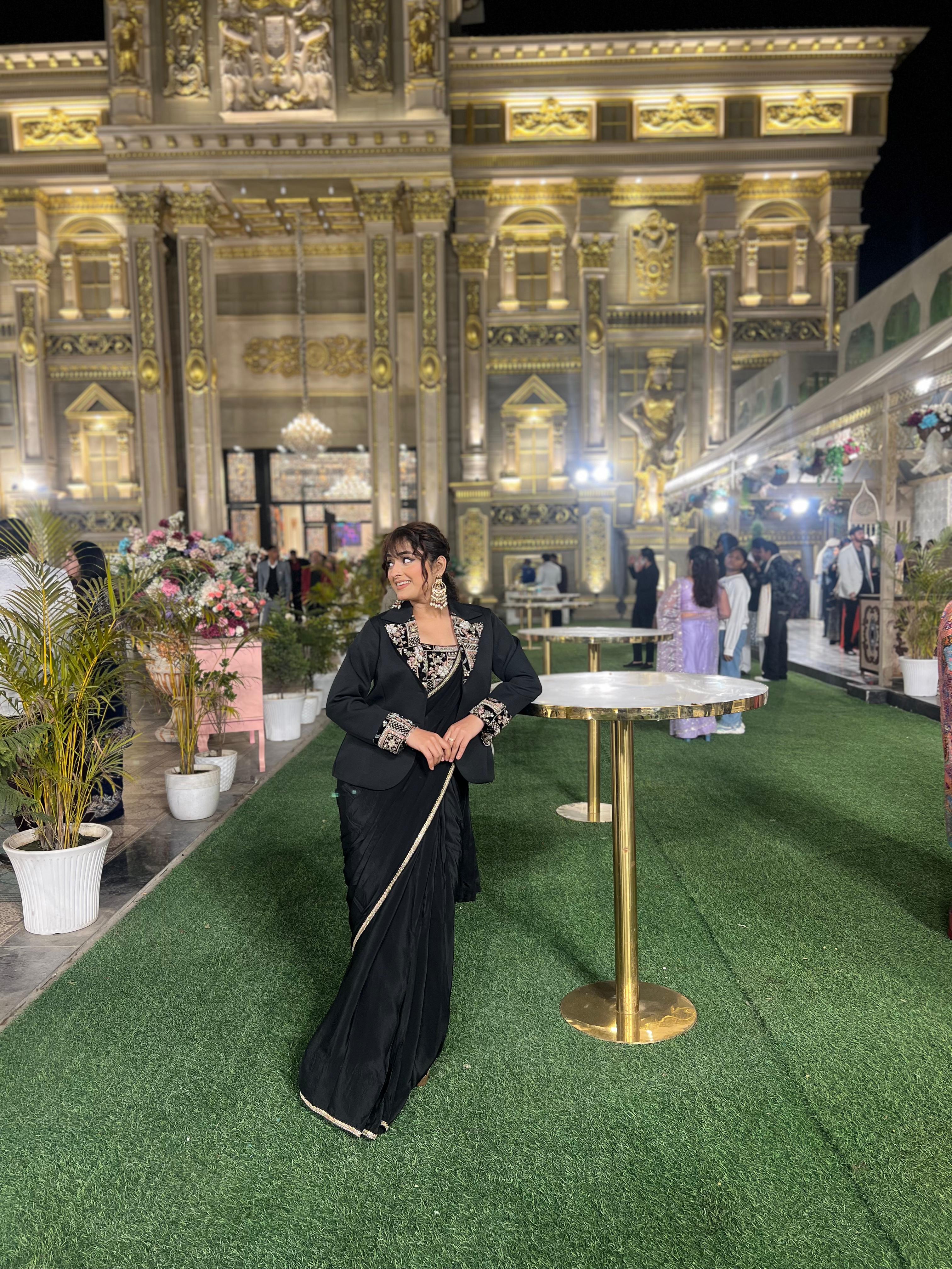 Embroidered blouse , pre draped saree and jacket