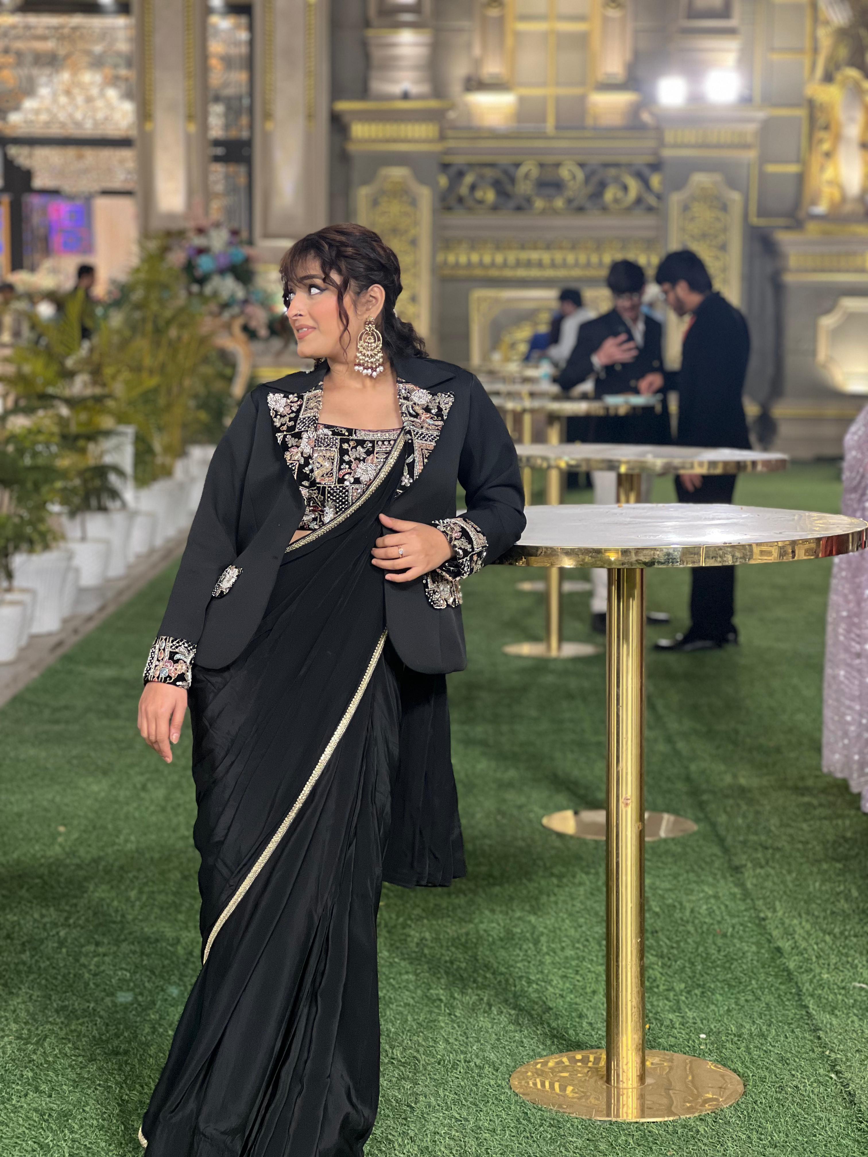 Embroidered blouse , pre draped saree and jacket