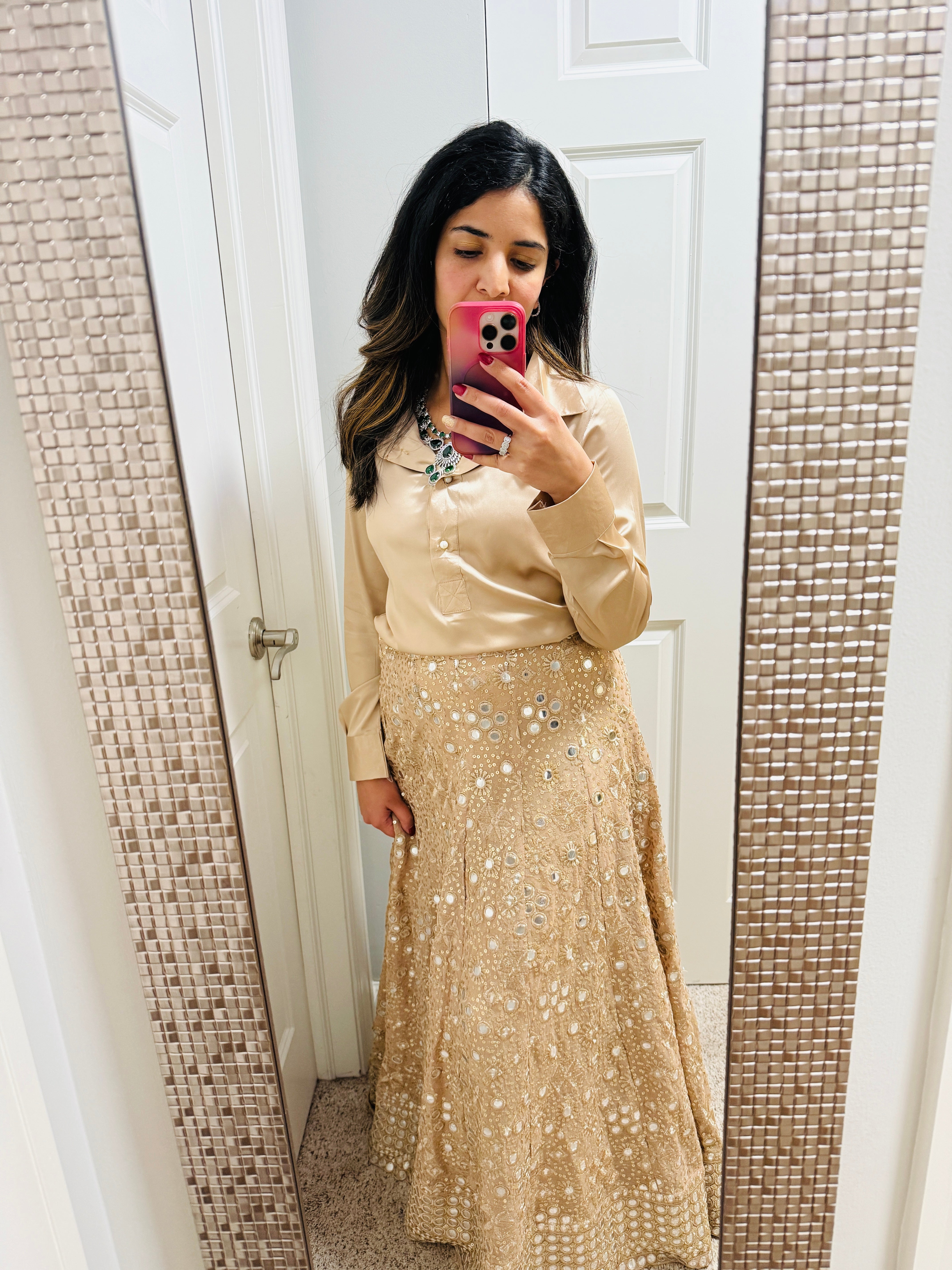 2 PC Mirror work skirt with Satin Shirt