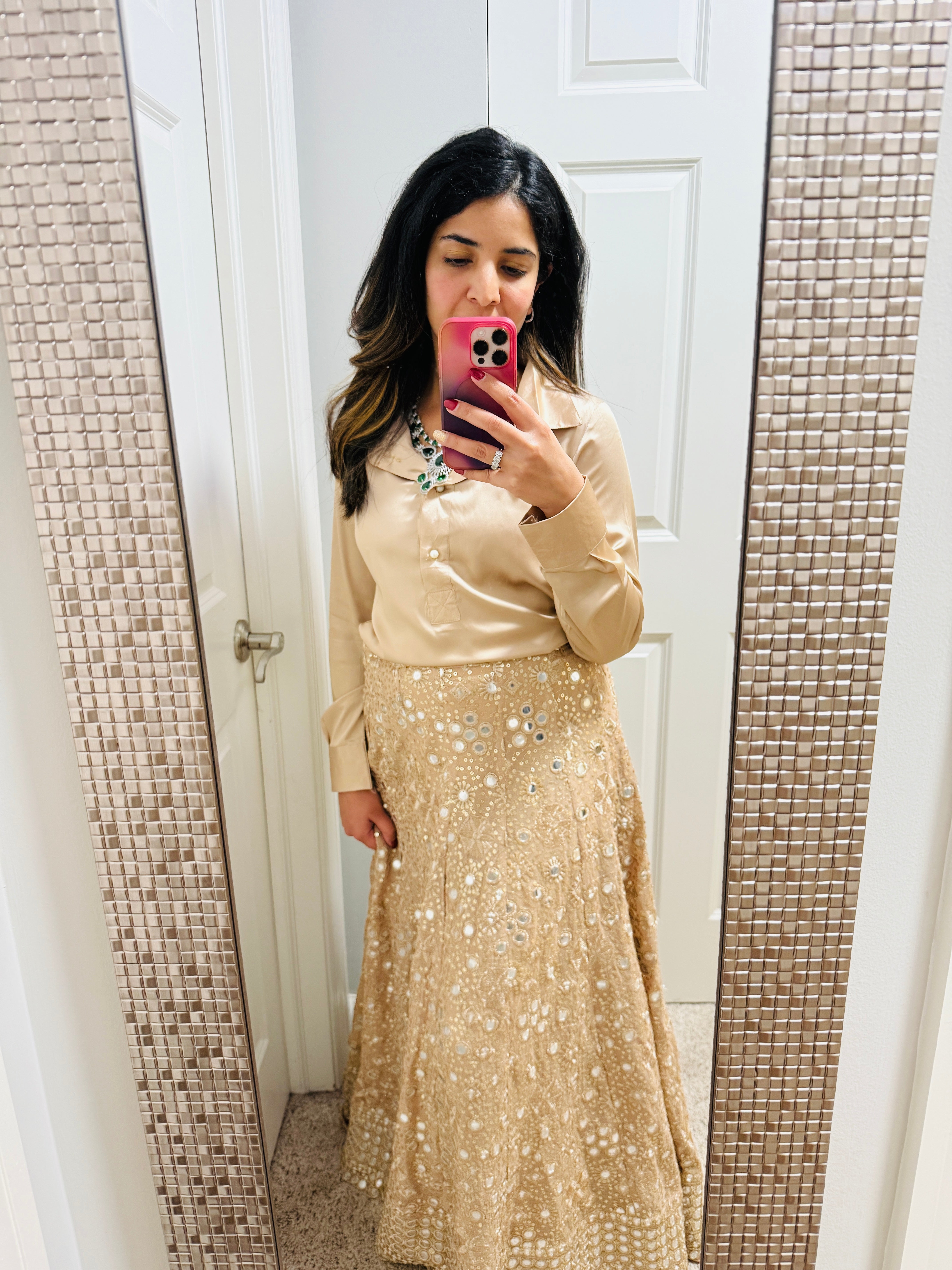 2 PC Mirror work skirt with Satin Shirt